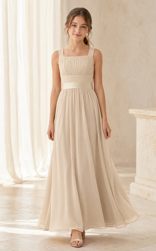 Junior-Brautjungfernkleid A-Linie, eckig, ärmellos, gerafft, schlicht und elegant