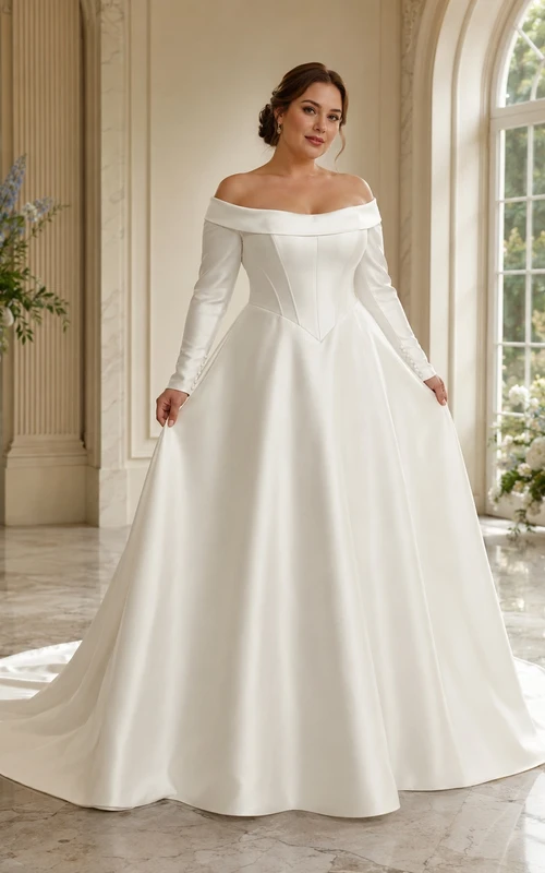 Plus Size Langarm-Brautkleid aus Satin mit schulterfreiem Ausschnitt und taillierter Silhouette