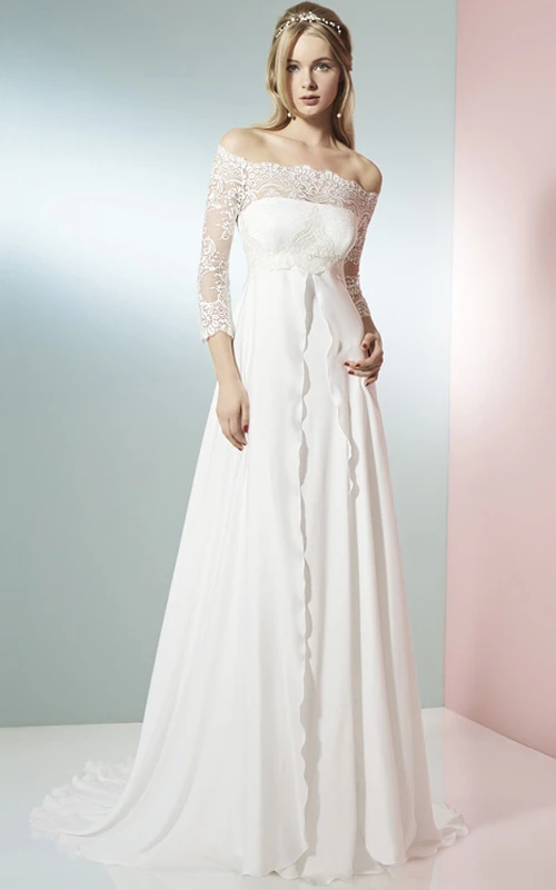 Robe de mariée modeste en mousseline de soie, coupe trapèze, manches 3-4, épaules dénudées, style empire, dentelle.