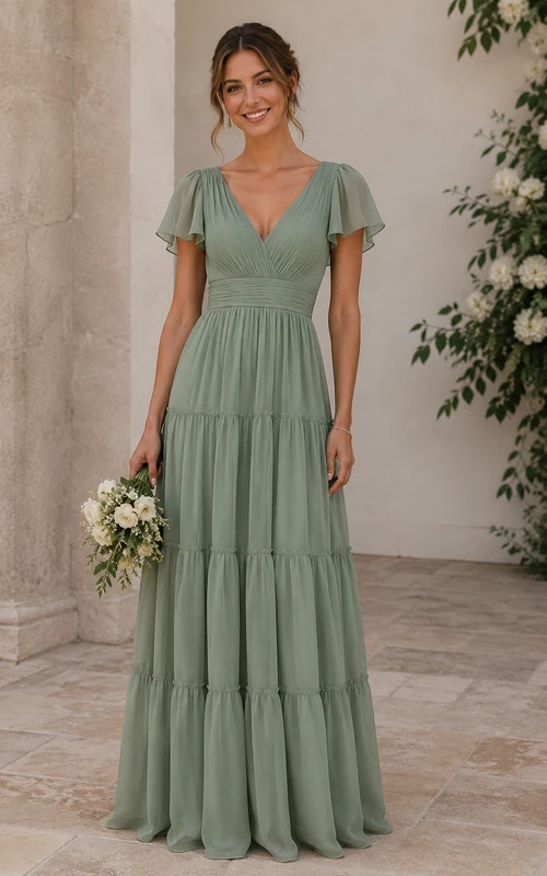 Robe de demoiselle d'honneur en mousseline de soie à manches courtes et col en V à volants, couleur sauge