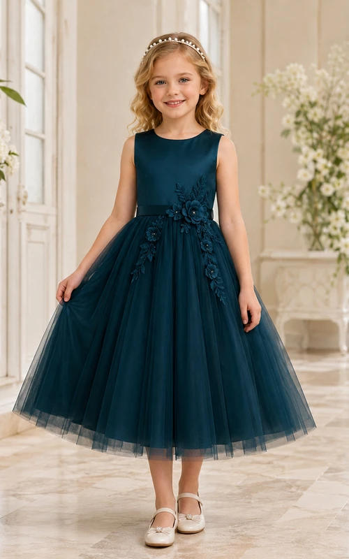 Robe de demoiselle d'honneur bleu turquoise en tulle, coupe trapèze, sans manches, avec nœud et appliques florales