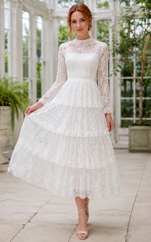 Hochgeschlossenes, langärmeliges Chiffon-Brautkleid mit Stufenspitze, hohem Kragen und A-Linien-Schnitt in Teelänge