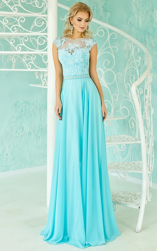 Mermaid Sweep Jewel Sleeveless Satin Chiffon Appliques Beading Keyhole Dress