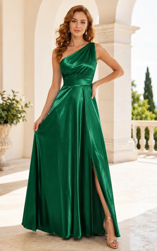 Emerald One-Shoulder Sleeveless Draped Satin Sheath Floor-Length Split Evening Dress