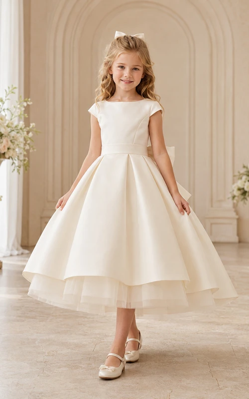 Blumenmädchenkleid aus elfenbeinfarbenem Satin, A-Linie, Rundhalsausschnitt, Teelänge, Schleifendetail
