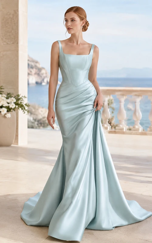 Robe de mariée sirène froncée à col carré en satin vert d'eau et traîne balayée
