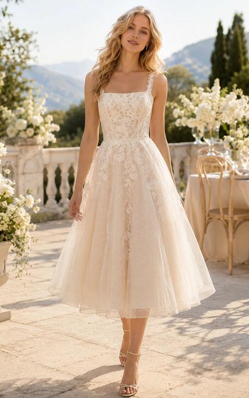 Robe de mariée mi-longue en tulle avec corsage en dentelle et taille naturelle
