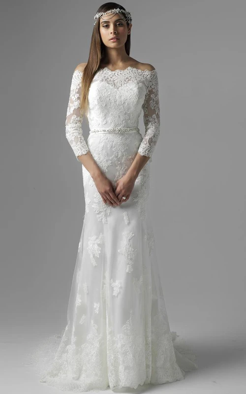 Bodenlanges, juwelenbesetztes, schulterfreies, 3-4 Ärmel langes, schlichtes Brautkleid aus Spitze