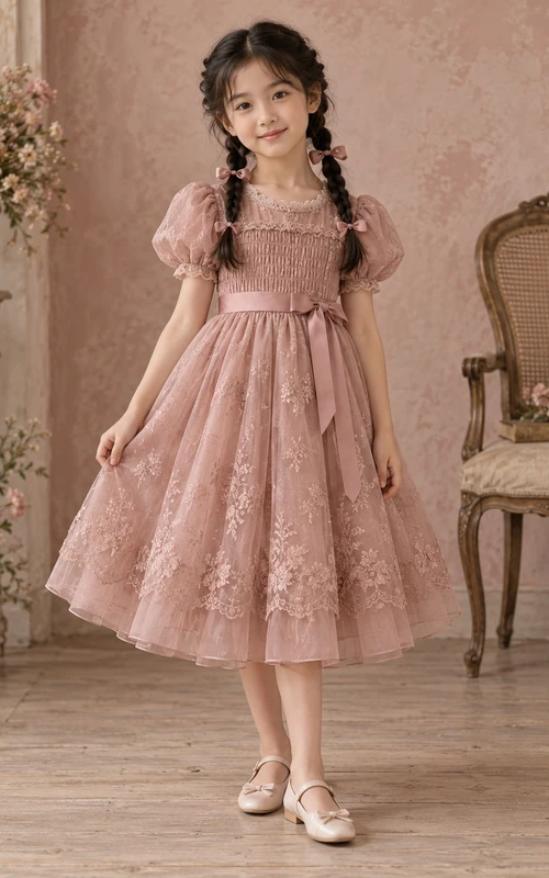 Vestido de niña de flores de corte A con cuello cuadrado, estampado floral de rosas, tul, mangas abullonadas y corpiño fruncido, largo hasta la rodilla.