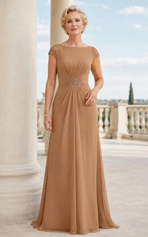 Taupe Cap Sleeve Jewel Neck Chiffon A-Line Floor-Length Modest Mother Dress