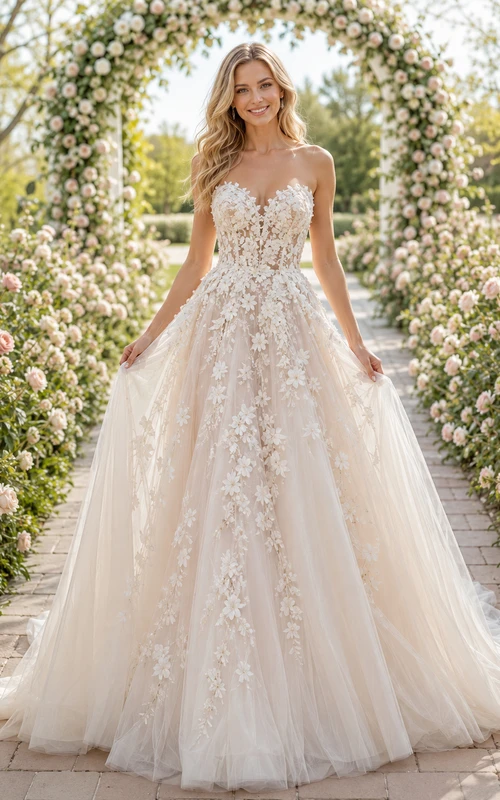 A-Linien-Brautkleid mit floralen 3D-Applikationen aus Tüll