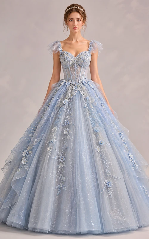 Vestido de fiesta de encaje con escote en V, manga corta y apliques florales, largo hasta el suelo.
