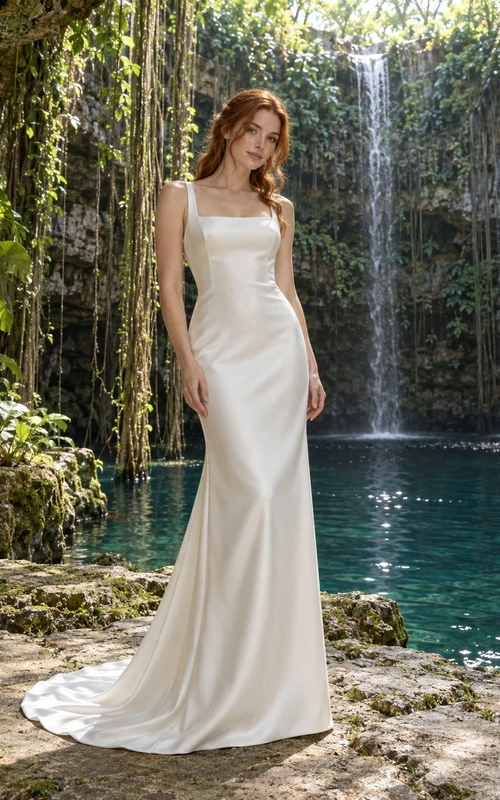 Schlichtes Meerjungfrauen-Brautkleid aus Satin mit eckigem Ausschnitt, breiten Trägern und Schleppe