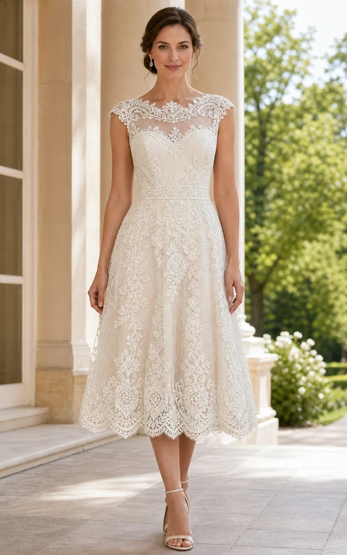 Teelanges Boho-Hochzeitskleid mit hohem Kragen, Spitze, kurzen Ärmeln und A-Linien-Schnitt