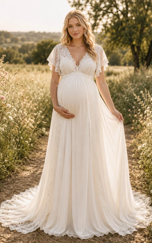 Umstandsbrautkleid mit V-Ausschnitt, flatternden Spitzenärmeln, Landhausstil und Schleppe