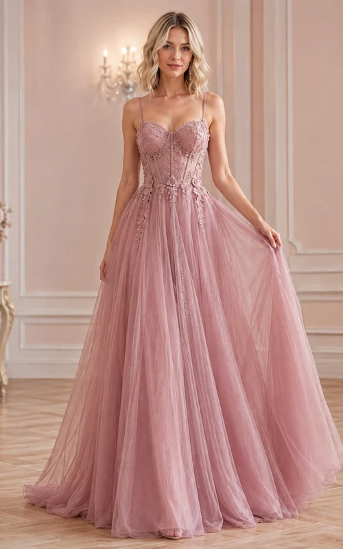 Romantic Blush Tulle Ball Gown Floor-Length Strapless Sleeveless Prom Dress