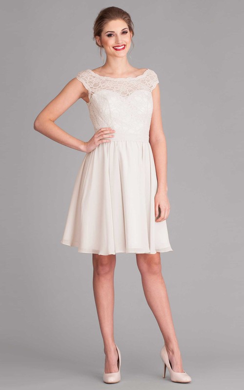 cap sleeve knee length wedding dress Vintage Knee Length Lace A Line Short Wedding Dress Modest Cap Sleeves