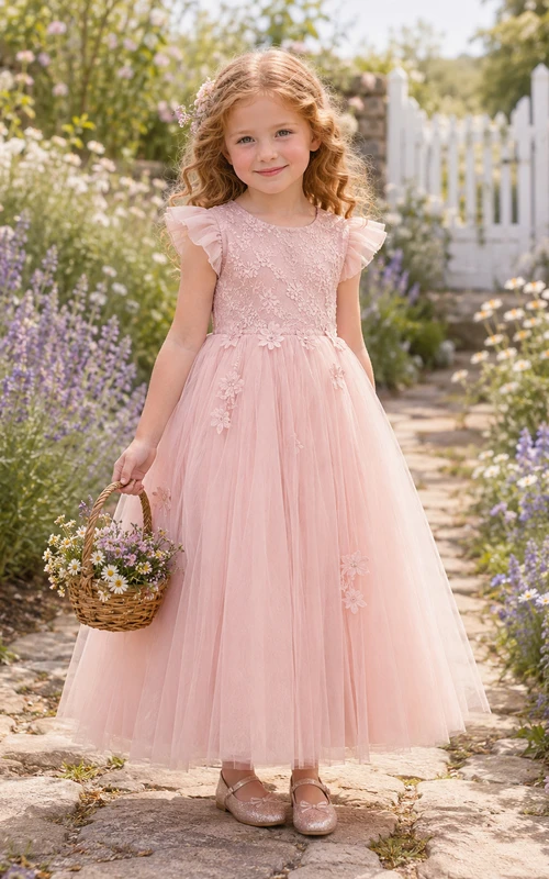Blumenmädchenkleid aus rosafarbenem Tüll, A-Linie, Rundhalsausschnitt, Teelänge, mit Schärpendetails