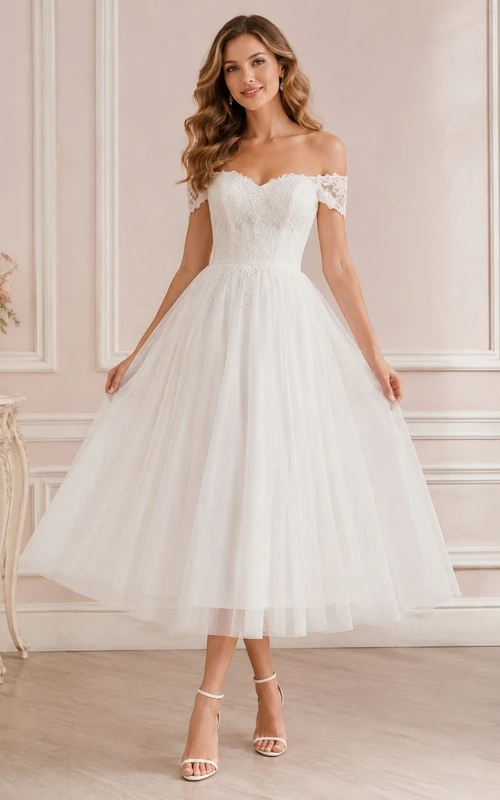 Weißes schulterfreies Tüll-Midikleid in A-Linie mit kurzen Ärmeln