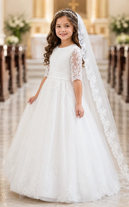 Robe de première communion en tulle à col rond et manches trois-quarts en dentelle, col rond et manches trois-quarts
