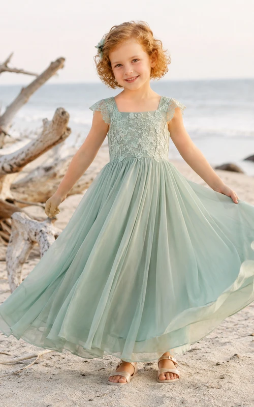 Blumenmädchenkleid, mintgrün, aus Spitze und Tüll, A-Linie, kurze Ärmel, Rundhalsausschnitt, wadenlang