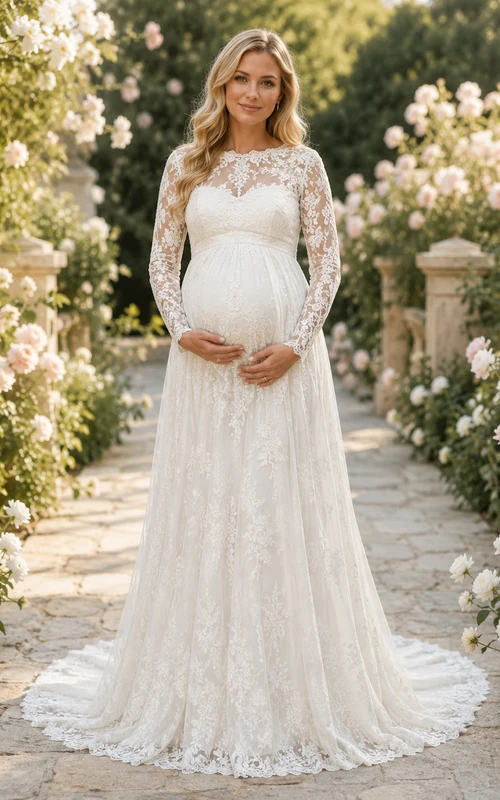 Maternity Wedding Dress Sweetheart Long Sleeve Lace A-Line Garden Gown with Illusion Back