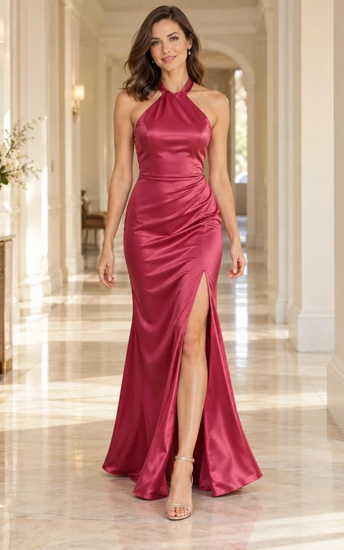 Vestido largo de dama de honor sencillo, color frambuesa, de satén, sin mangas, con escote halter, drapeado y espalda descubierta.