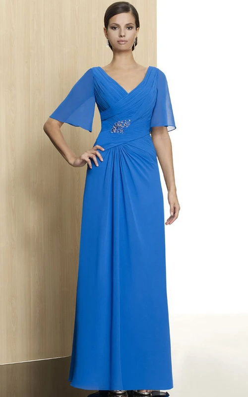 Bell Sleeve V-Neck Criss-Cross Chiffon Formal Dress With Beading