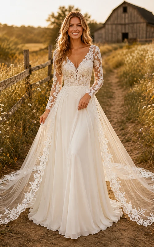Robe de mariée champêtre en tulle et dentelle, coupe trapèze, col en V, manches longues, traîne chapelle