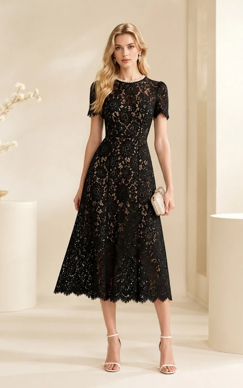 Schwarzes, elegantes Vintage-Cocktailkleid mit kurzen Ärmeln, A-Linie und Spitzenkappen, Teelänge