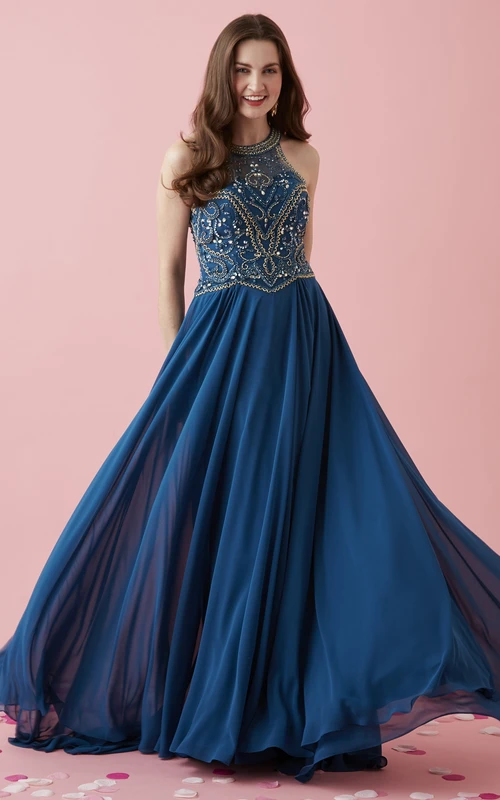 Robe trapèze à col rond sans manches en mousseline avec bretelles, perles et plis
