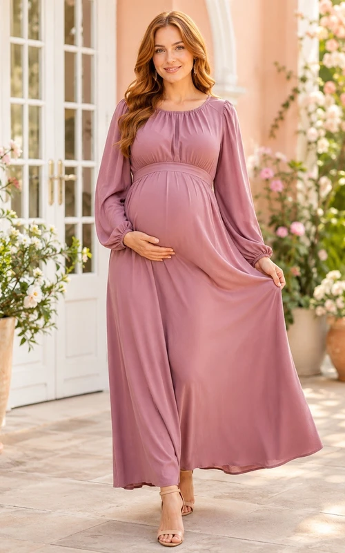 Mauve Umstandskleid aus Chiffon mit Raffungen, Rundhalsausschnitt und langen Ärmeln im Empire-Stil, Mauvefarben, mit Empire-Stil