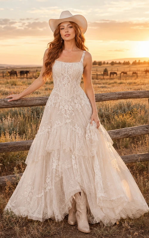 Western Rustic Tiered Tulle A-Line Wedding Dress With Straps