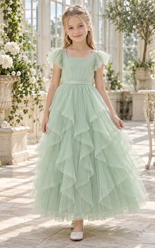 Square Neck Mint Flutter Sleeve Cascading Ruffle Tulle Flower Girl Dress