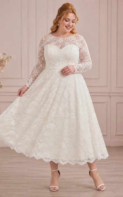 Vintage-Hochzeitskleid in Übergröße mit langen Ärmeln, U-Boot-Ausschnitt, Spitze und Teelänge