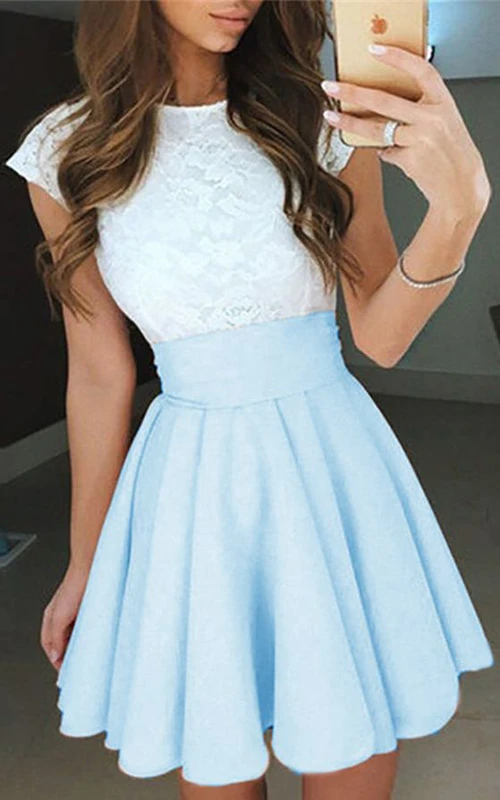 Kurzes, kurzes A-Linien-Kleid aus Taftspitze mit kurzen Ärmeln im Vintage-Stil – ein bezauberndes Kleid für den Abschlussball