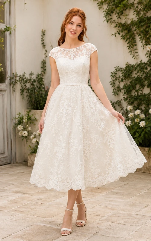 White Lace Scoop Neck Cap Sleeve A-Line Tea-length Romantic Elegant Garden Reception Dress