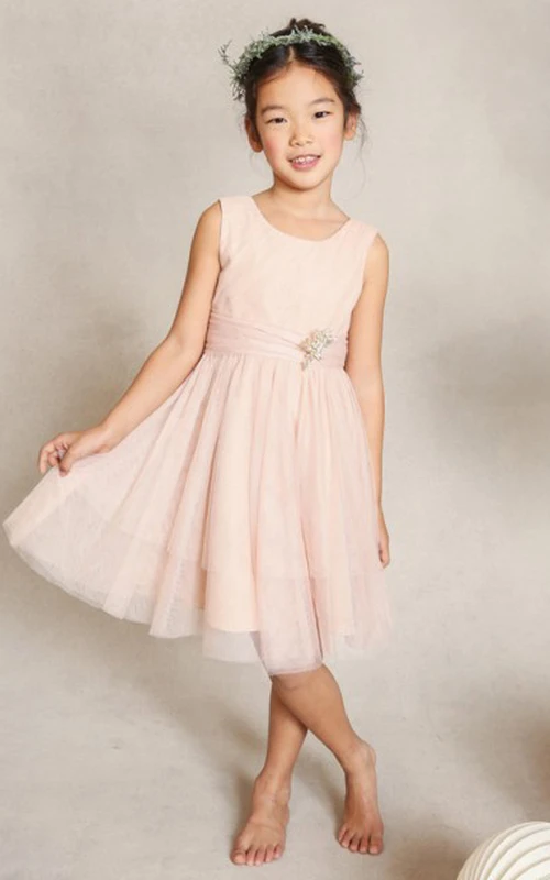 Ärmelloses Tüllkleid für Blumenmädchen in A-Linie mit Rundhalsausschnitt, Schleife und Falten, knielang