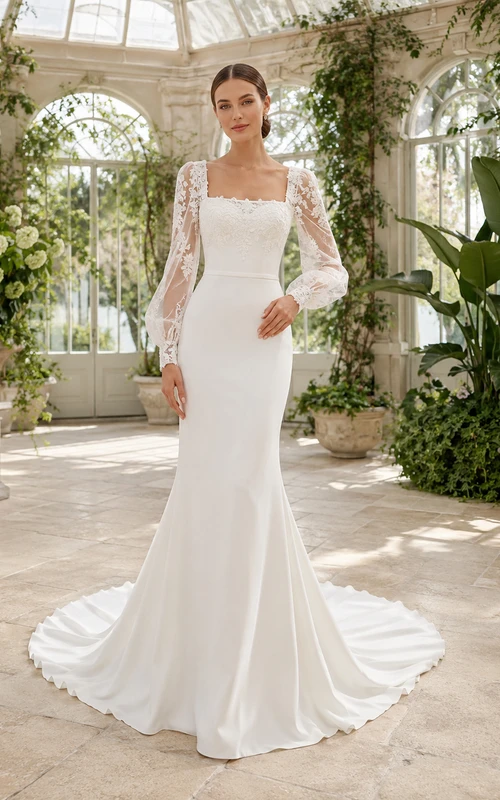 Robe de mariée sirène en satin poli et dentelle, col carré, manches longues, longueur au sol