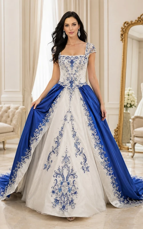 Elegantes, königsblaues Ballkleid mit drapiertem Schleier, eckigem Ausschnitt, kurzen Ärmeln und Tüll