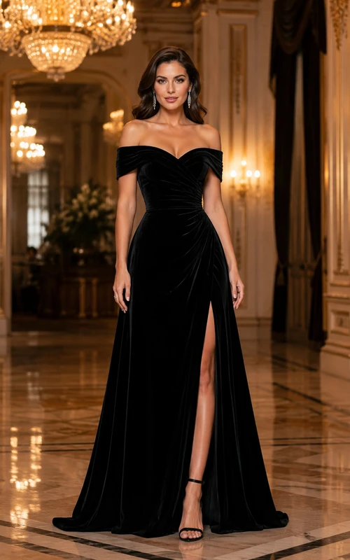 Vestido de noche negro de terciopelo con hombros descubiertos y abertura en el muslo, ideal para salones de baile de lujo.