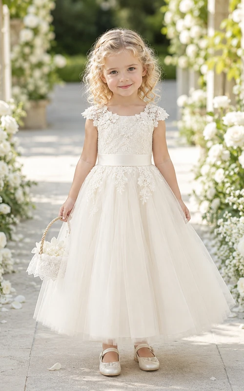 Blumenmädchenkleid aus elfenbeinfarbenem Tüll, A-Linie, Rundhalsausschnitt, Teelänge, Schleifendetail