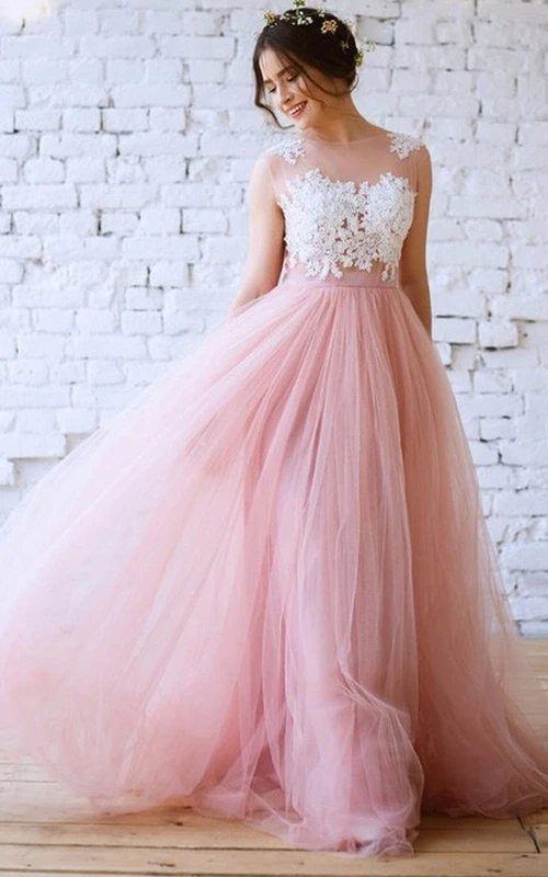 Tüll-Abendkleid in A-Linie, ärmellos, bodenlang, mit Spitze und Falten