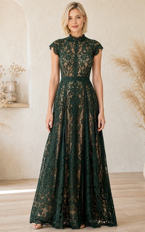 Vestido de noche bordado de encaje verde oscuro con cuello joya y mangas cortas