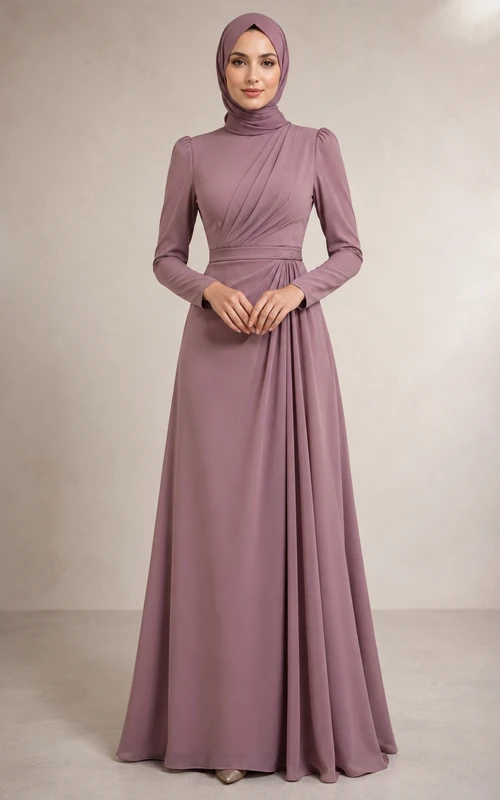 Robe de soirée en mousseline mauve à col montant, sobre et élégante