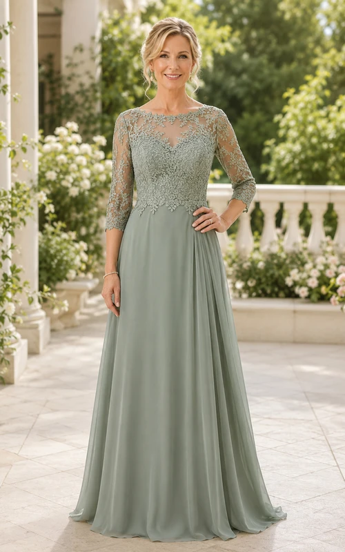 Sage Lace Bodice A-Line Mother Dress with Long Sleeves