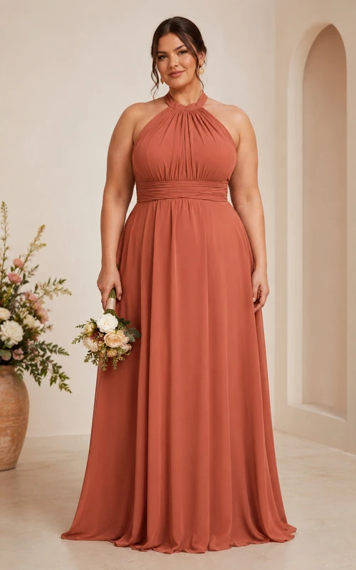 Plus Size Papaya Halter A-Line Chiffon Bridesmaid Dress