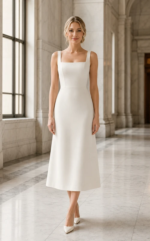 Vestido de novia de corte recto hasta la rodilla con escote cuadrado y espalda abotonada.