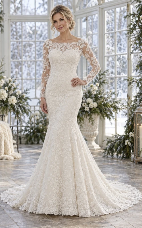 Vestido de novia de sirena con cola de encaje, mangas largas y escote barco festoneado