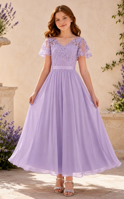Lavendelfarbenes Brautjungfernkleid (A-Linie), V-Ausschnitt, kurze Ärmel, Blütenblattspitze, romantisch